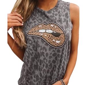 2/$5-Leopard Print Biting Lip Tank Top Animal Print Lips Size S